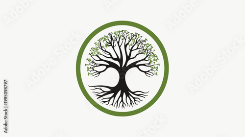 Tree emblem circular design with roots branches and leaves on white