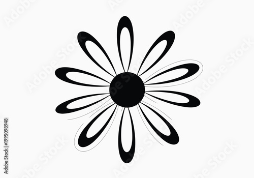 Black and white of a daisy flower with detailed petals and center disc botanical