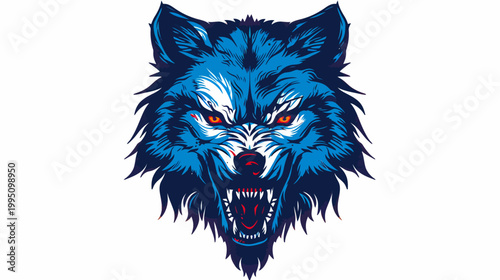 Intense wolf head illustration with sharp teeth and piercing gaze on white