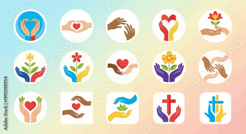 Diverse hand illustrations supporting hearts flowers and symbols on gradient background