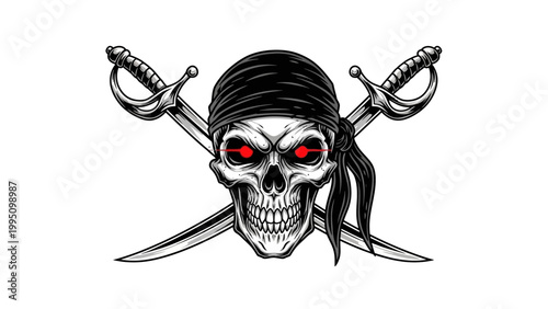 Pirate skull and crossed swords illustration against white background