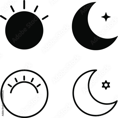 Black and white of a smiling sun and crescent moon with stars smiley sun