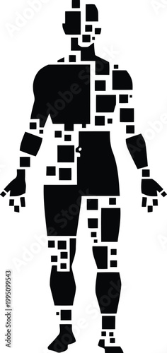 Black and white of a stylized human figure in a dynamic pose stylized figure des