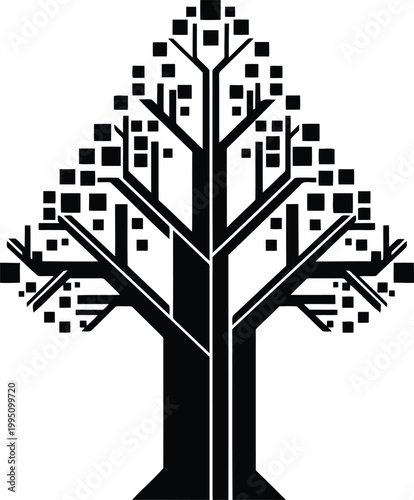 Black and white of a tree with geometric leaf patterns geometric patterns leaves