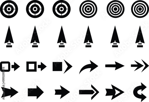 Black and white of arrows, targets, and geometric shapes bullseye