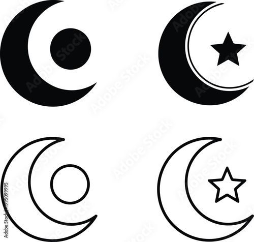 Black and white of crescent moons with stars minimalist monochrome