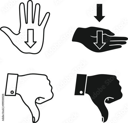 Black and white of hand gestures and thumbs up thumbs down light bulb des