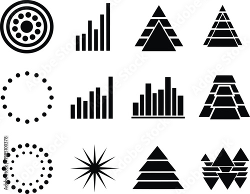Black and white of target, bar, pyramid, and star shapes concentric circles desi