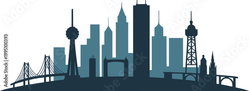 Cityscape silhouette with bridges and towers on white background