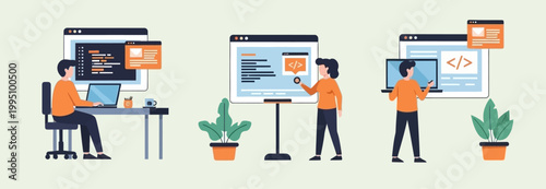 Programmer working on laptop, coding on screen, web development concept