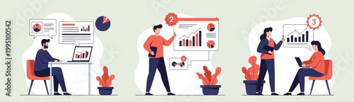 Business analytics concepts, team collaboration, data presentation, and financial planning