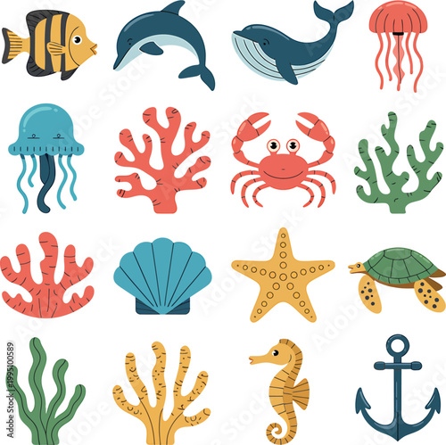 Colorful Marine Life and Ocean Elements Keywords: fish, dolphin, whale, jellyfish, crab, coral