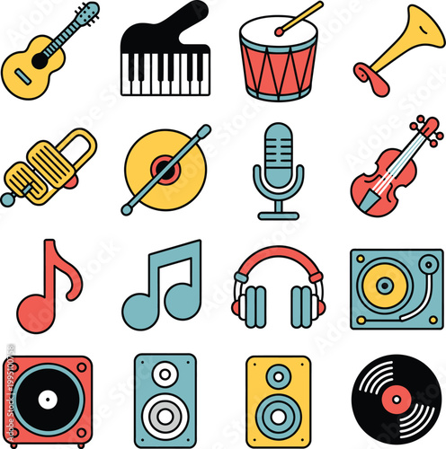 Musical Instruments and Audio Equipment Icons Keywords: guitar, piano, drum, trumpet, saxophone