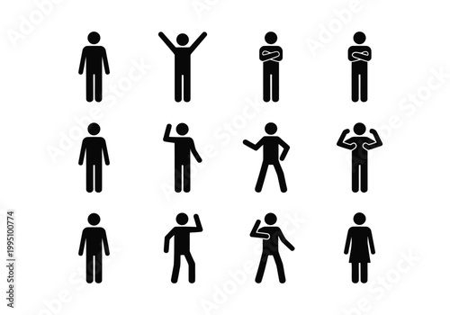 Black and white silhouettes of people in various poses standing d