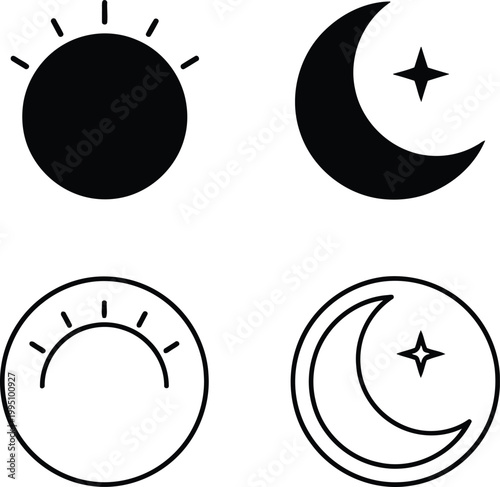 Black crescent moon phases with yellow stars on white background, minimalist desi