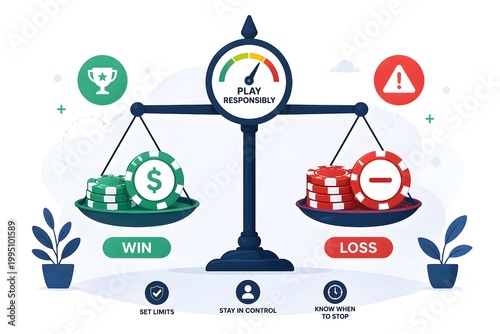 Responsible Gambling Concept with Balance Scale, Win Loss Comparison, Casino Chips and Risk Control Illustration