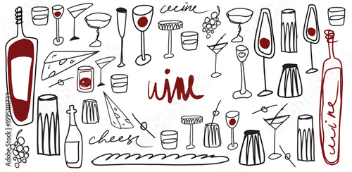Isolated vector set of wine and alcoholic beverage glasses and tumblers. Hand drawn sketch.Red and black drawing on white background.Cocktails, martini, whiskey, cognac, vodka, gin tonic, beer, brandy