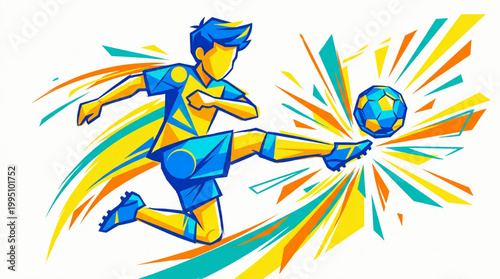 Dynamic soccer player kicking a ball with abstract speed lines