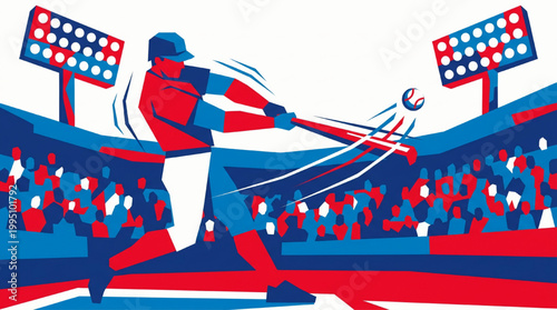 Stylized Baseball Player Hitting Ball at Stadium