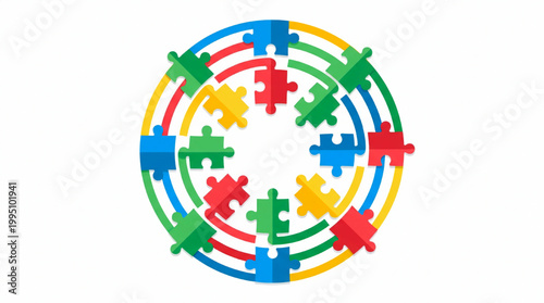 Circular puzzle pieces arrangement conceptual graphic
