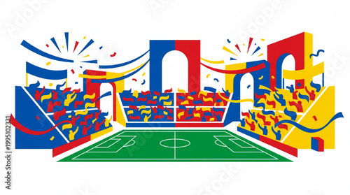 Abstract soccer stadium celebration with cheering crowd and confetti