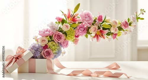 Beautiful bouquet of flowers on gift box with pink ribbon on white table.