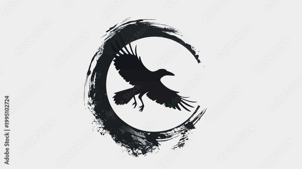 Fototapeta premium Silhouette of a raven in flight within a brushstroke circle design