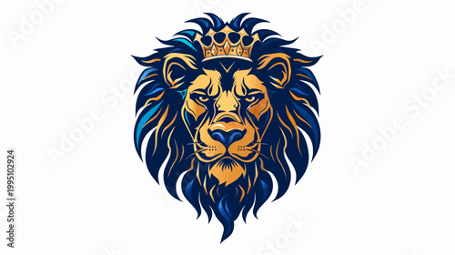 Majestic lion with crown illustration in blue and gold on white background