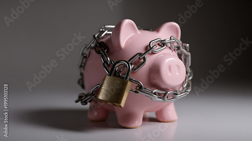 Secure Financial Future: Pink Piggy Bank Locked with Metal Chain and Padlock Symbolizes Restricted Access, Debt, or Savings under Protection