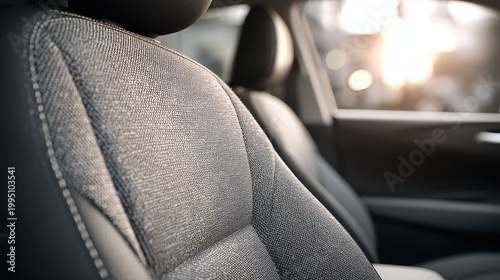 Photographic detail of front cloth seat texture, weave pattern and seams in a neutral car cabin