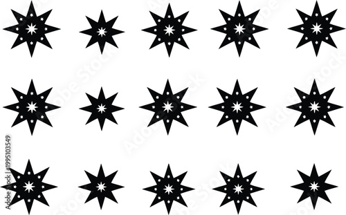 Black starburst arranged in three rows of five, style star starburst shape