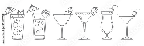 Drink illustrations in clean outline style, cocktail and beverage glass collection.
