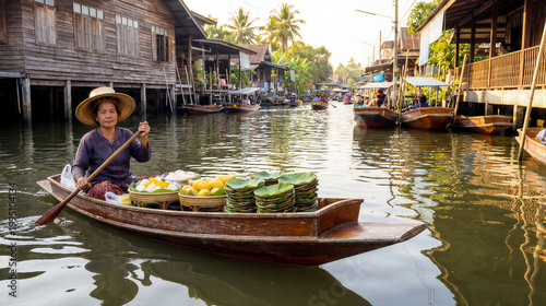 A senior woman in a straw hat paddles a wooden boat filled with fresh food through a traditional floating market village in Thailand during sunrise. Generative AI.