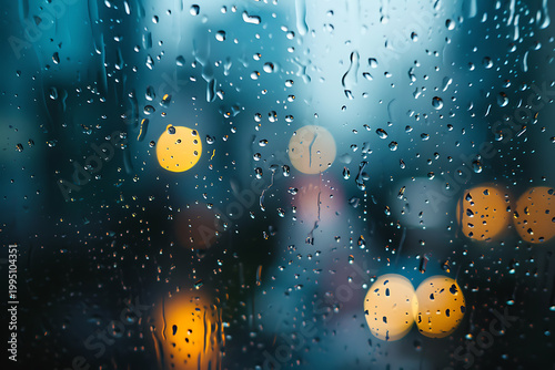 ガラスの雨粒と都市のボケが背景に映えるムードのある光