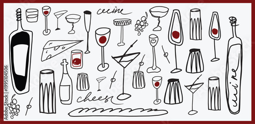 Isolated vector set of wine and alcoholic beverage glasses and tumblers. Hand drawn sketch.Red and black drawing on white background.Cocktails, martini, whiskey, cognac, vodka, gin tonic, beer, brandy