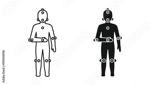 Vector illustration of two robot humanoid figures holding skateboards in black and white