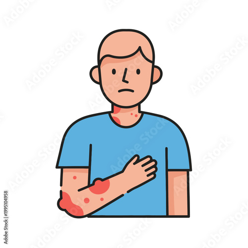 Man with skin rash and irritation on arm and neck, cartoon illustration