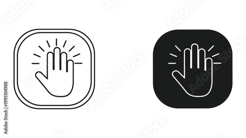Vector icons of hand with palm facing outwards in line and solid styles for user interface design elements