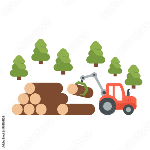 Forestry logger tractor loading logs in a forest with pine trees