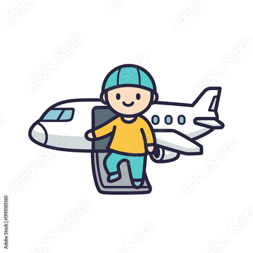 Fotografie Child exiting airplane, vacation travel, illustration, cartoon style