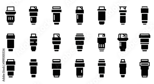 Black coffee cup icons, disposable cup graphics, 20 coffee mug illustrations, vector coffee cups