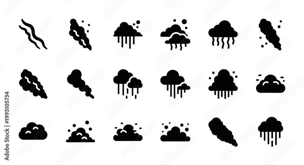 Fototapeta premium Weather icons, storm clouds, rain, snow, wind symbols, black vector graphics, 20 weather signs