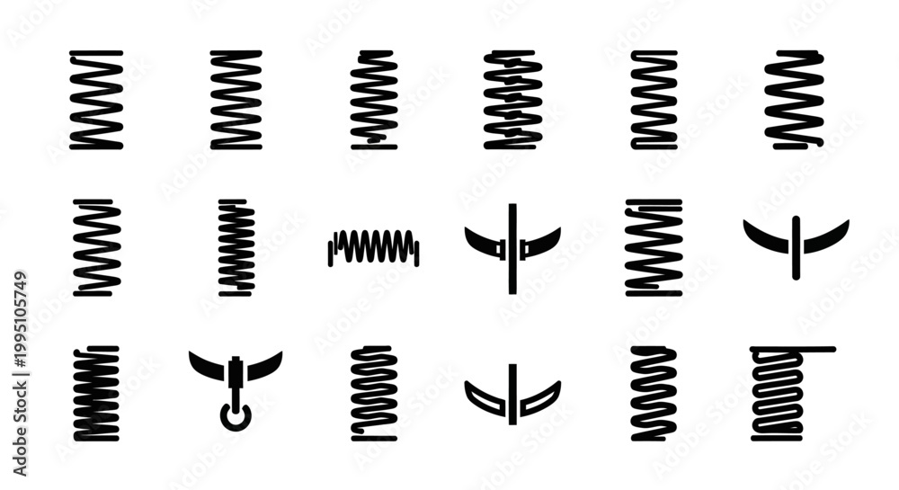 Obraz premium Black spring icons, coil symbols, mechanical elements, 16 shapes