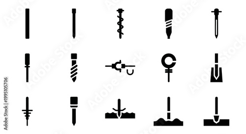 Screw, drill, fastener icons, 13 black and white symbols, vector graphics, hardware signs, construction tools, DIY elements