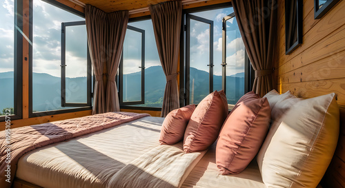 Cozy mountain bedroom with large windows and comfortable bed