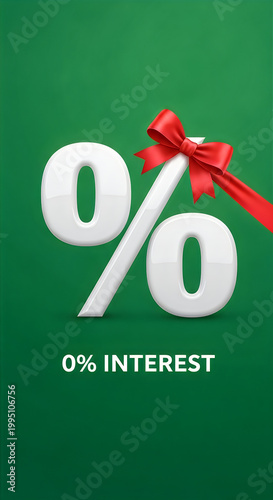 A large white 0 percent sign with a red bow on a green background