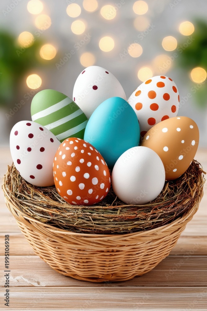 Fototapeta premium Colorful Easter eggs in a rustic nest on a wooden table with festive bokeh lights