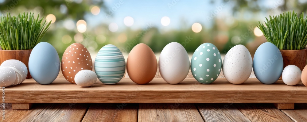 Obraz premium Pastel Easter eggs arranged on a wooden floorboard table with spring grass background