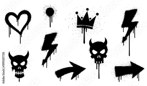 Urban graffiti spray icons with drip effects heart crown skull and lightning vector set