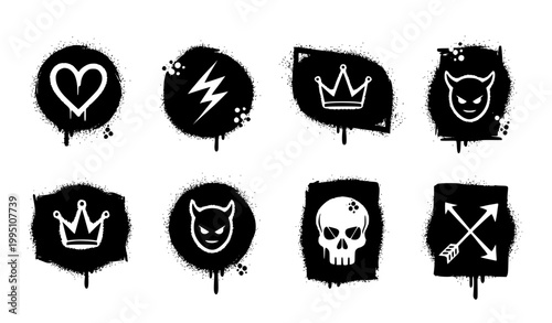 Graffiti spray badge collection with black street art symbols and stencil style vector illustration